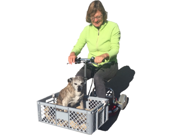 Un perro viaja en una jaula acoplada al patinete eléctrico con el kit TravelScoot Smart Lagguage.